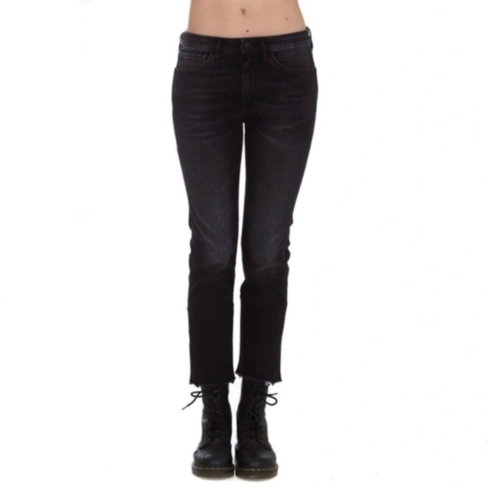 3x1 Straight Authentic‎ Crop Jeans Distressed Fringe Hem Mid Stretch Denim Shake